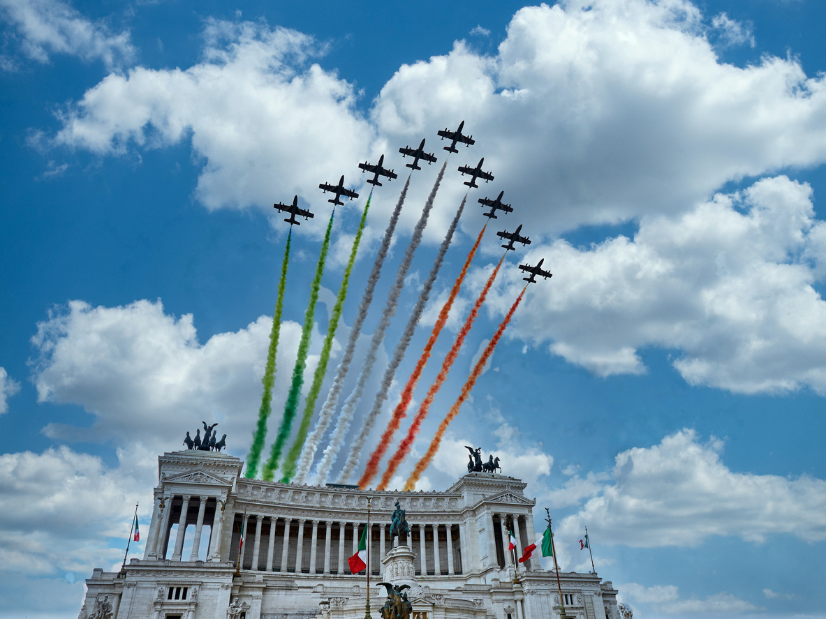 festa della repubblica - Italian National Republic day Air show aerobatic team frecce tricolore flying over altare della patria in Rome, Italy